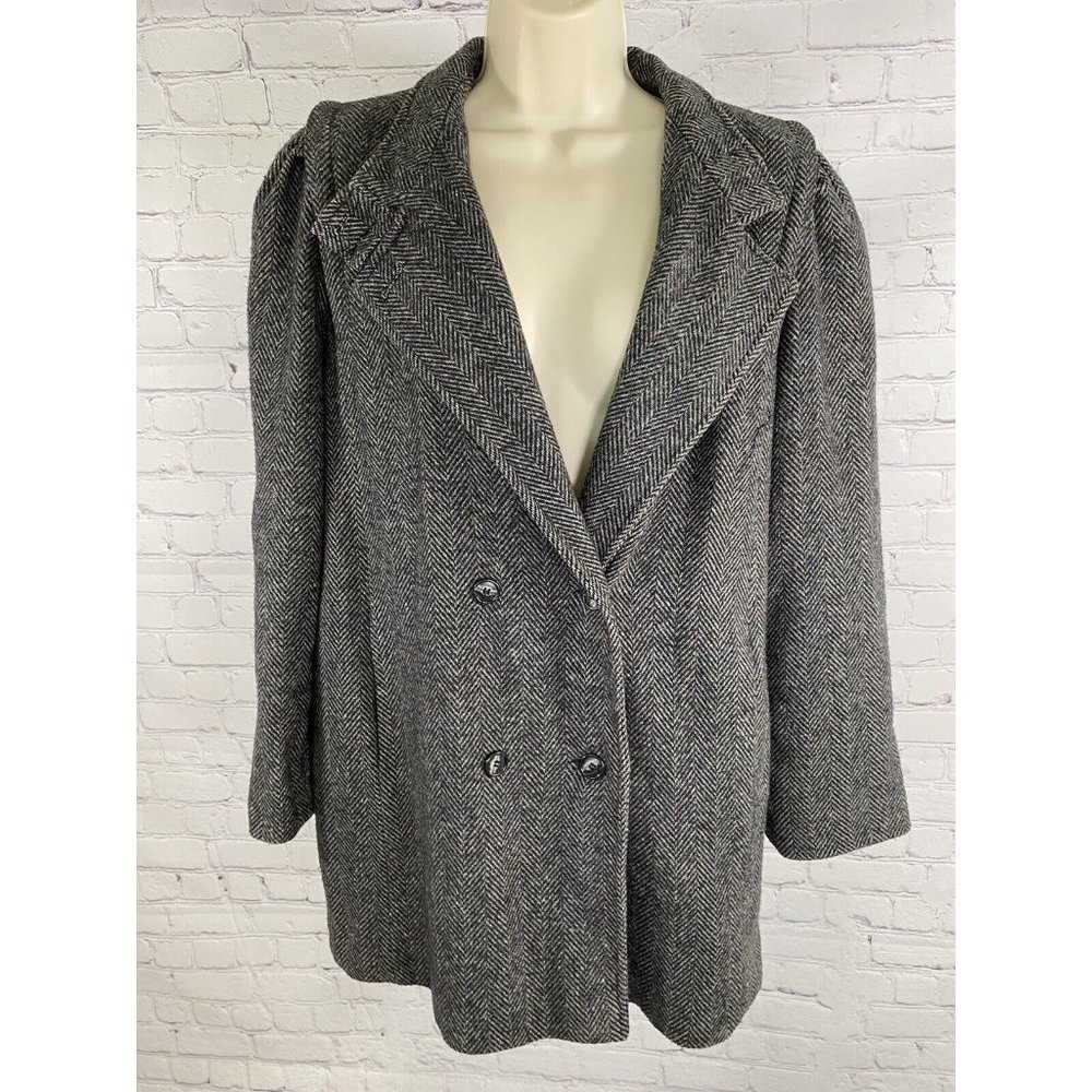 NYG Vintage Black White Herringbone Long Double Breasted Coat Jacket Womens 12